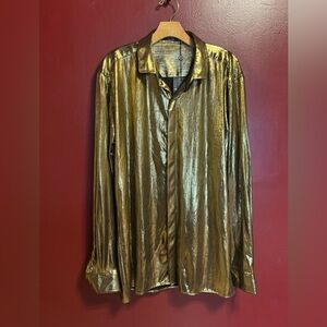 Paul Jones Gold Metallic Button Down Blouse Women’s XL Liquid Disco Party Top